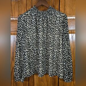 J Crew Leopard Long Sleeve Mock Neck Elastic Cuffs Partially Lined Poly Blouse M
